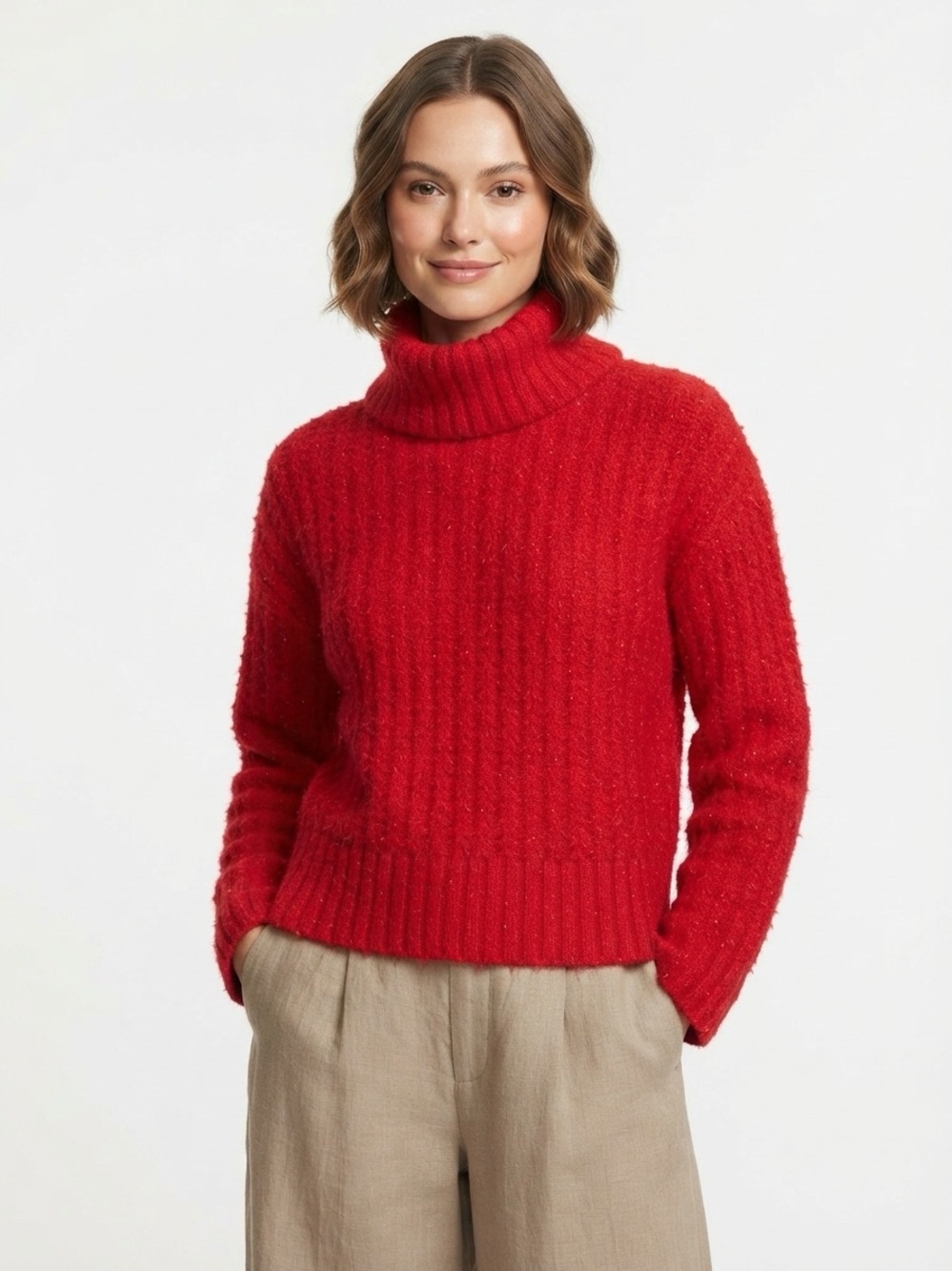 Maeve Ribbed Turtleneck Pullover Sweater Cotton Blend Red XS